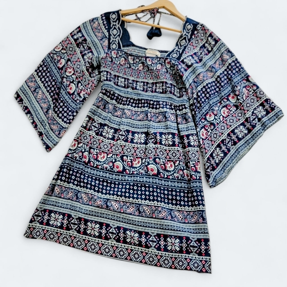 Flying Tomato Bohemian Smocked Dress Size Small Bell Sleeves Patterned Tassels